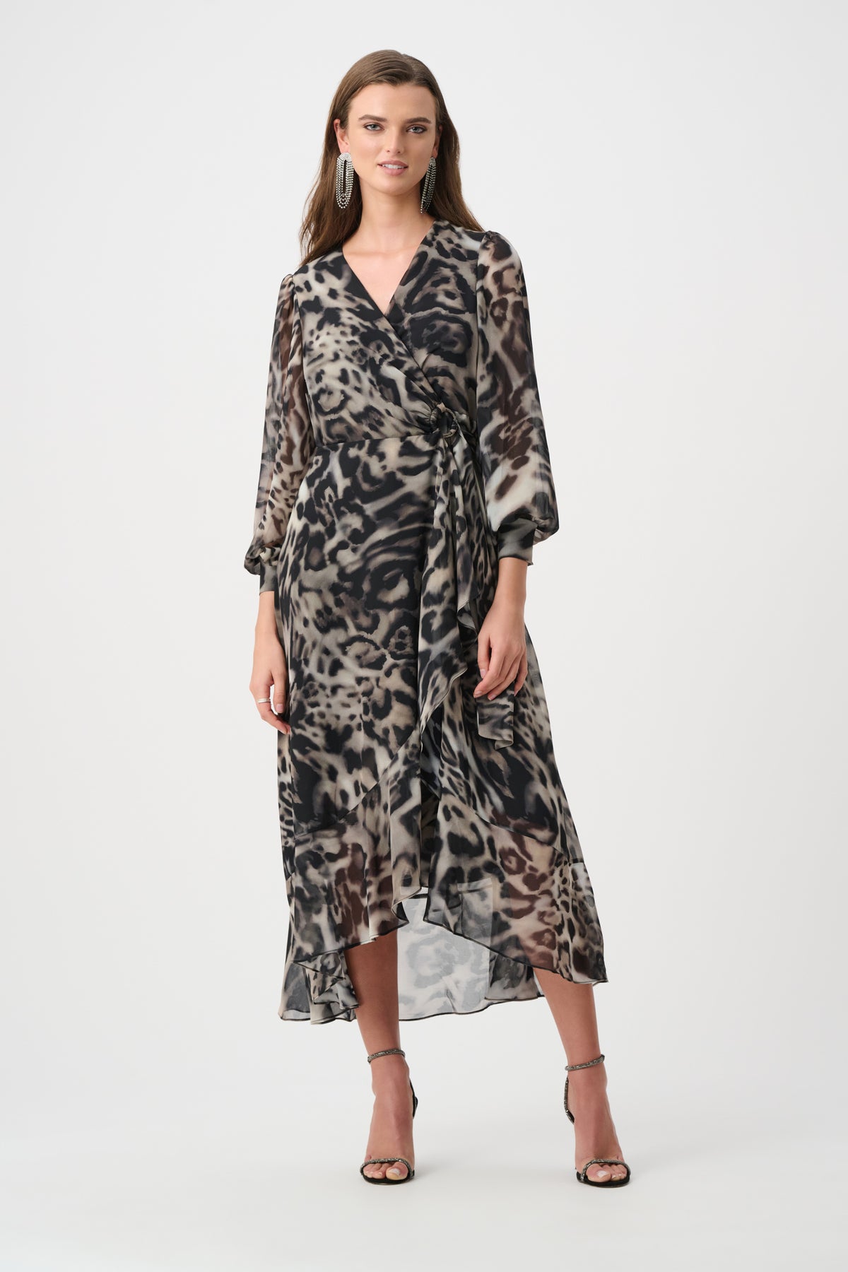 Signature by Joseph Ribkoff Wrap Dress in Grey Animal 263739