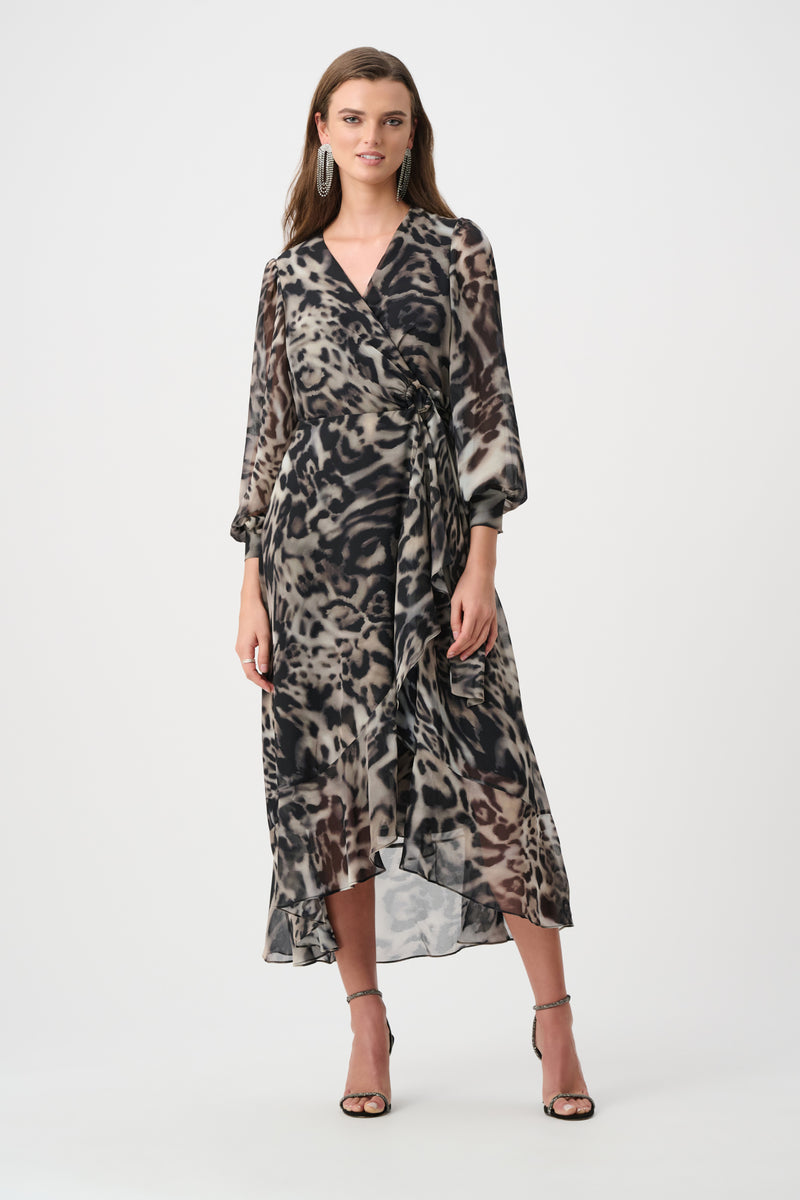 Signature by Joseph Ribkoff Wrap Dress in Grey Animal 263739