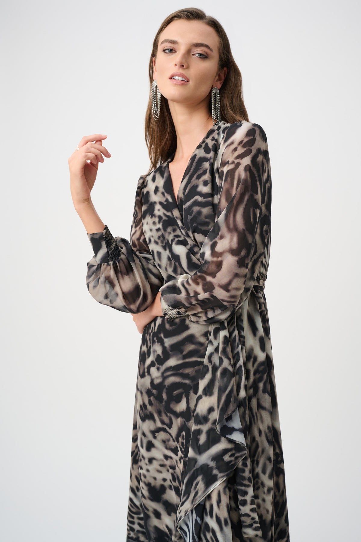Signature by Joseph Ribkoff Wrap Dress in Grey Animal 263739