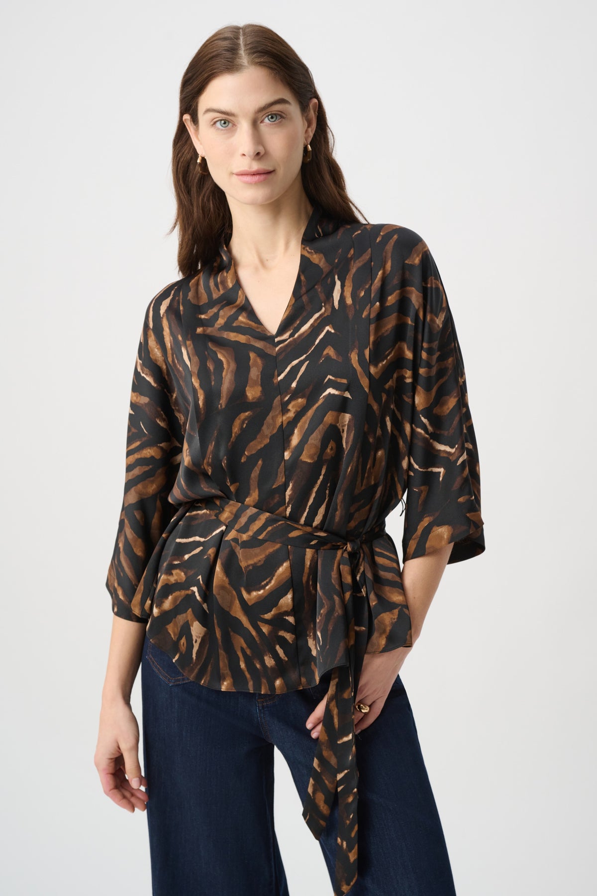 Joseph Ribkoff Belted Top in Black Brown Animal 264027