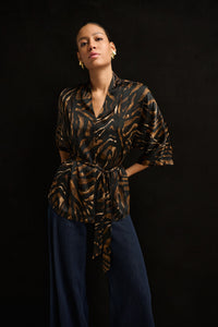 Joseph Ribkoff Belted Top in Black Brown Animal 264027
