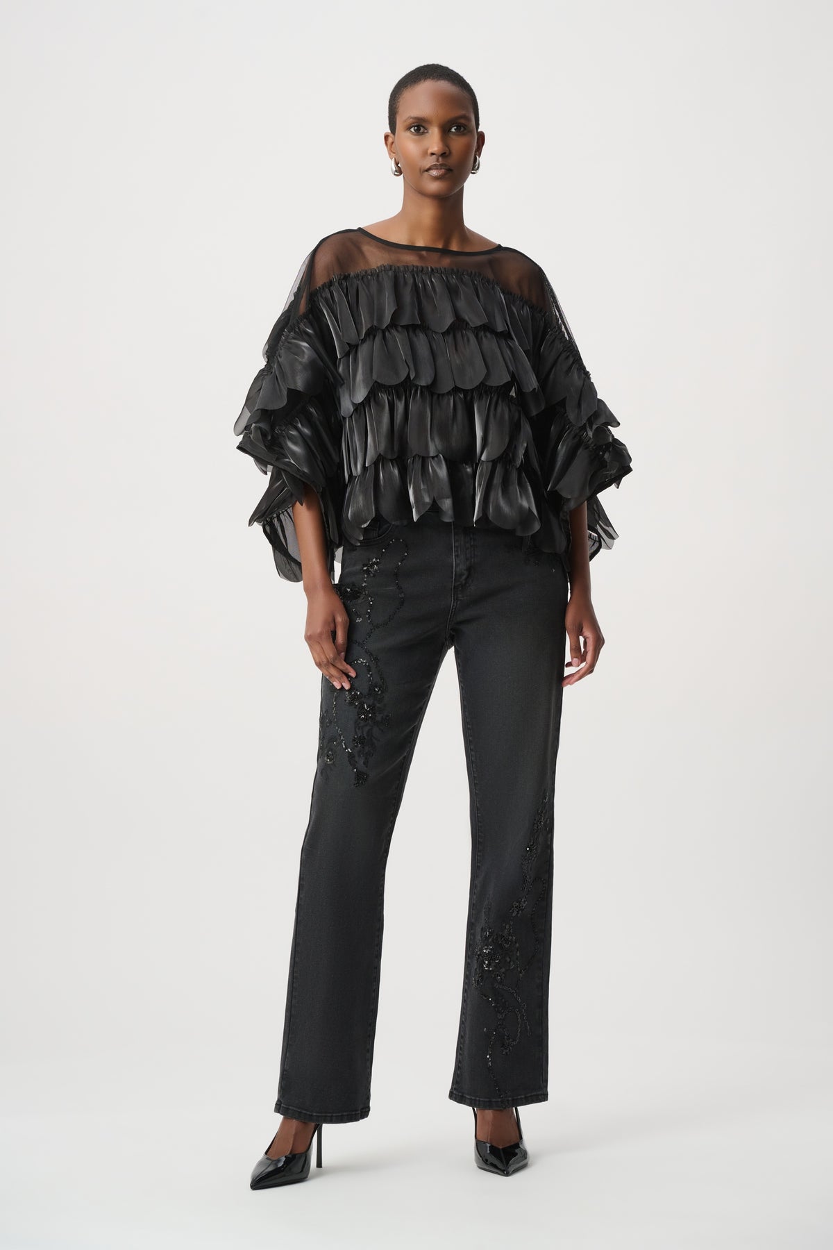 Joseph Ribkoff Crystal Organza Top in Black 264941