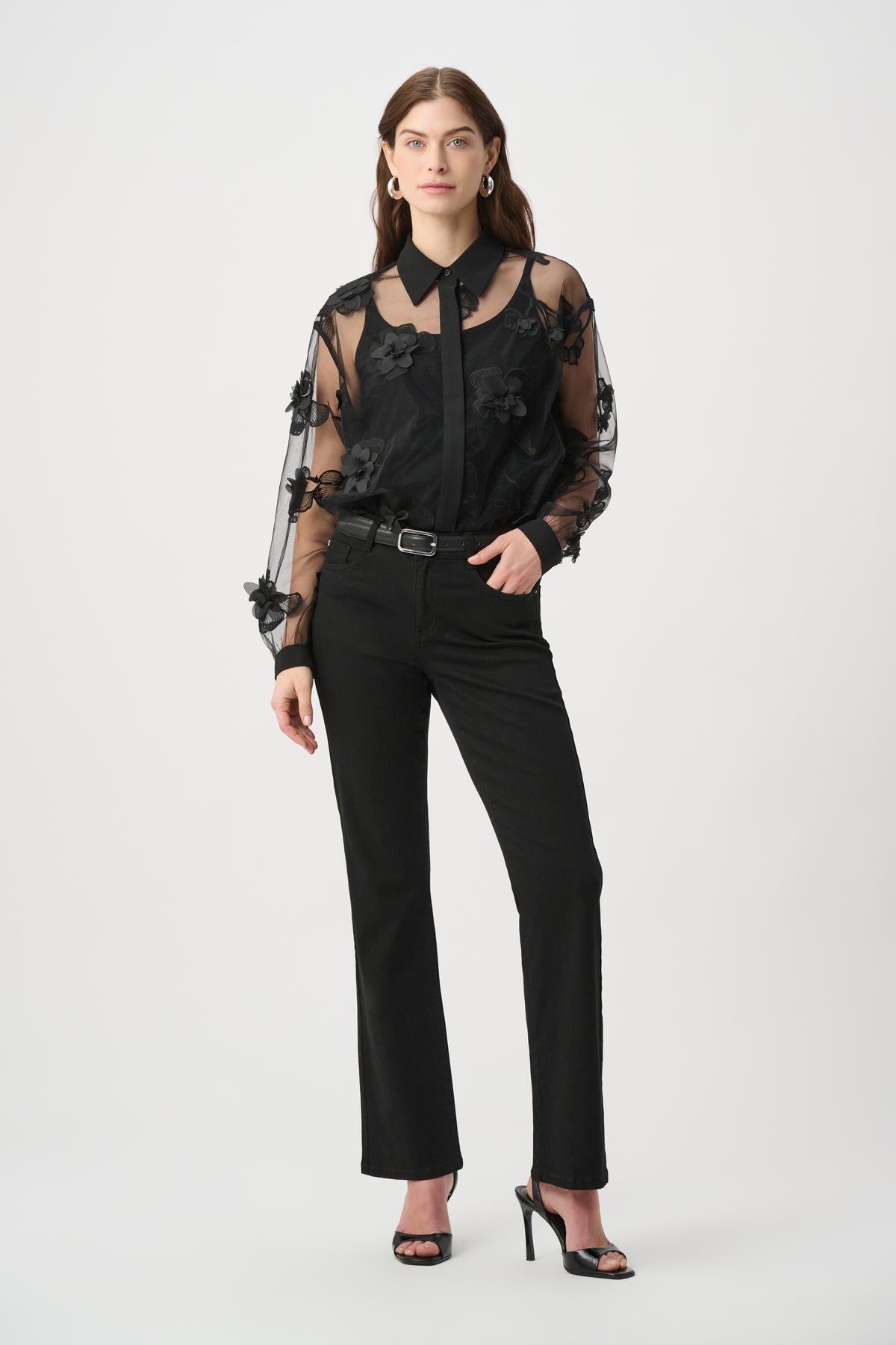 Joseph Ribkoff Flower Appliqué Blouse in Black 264945