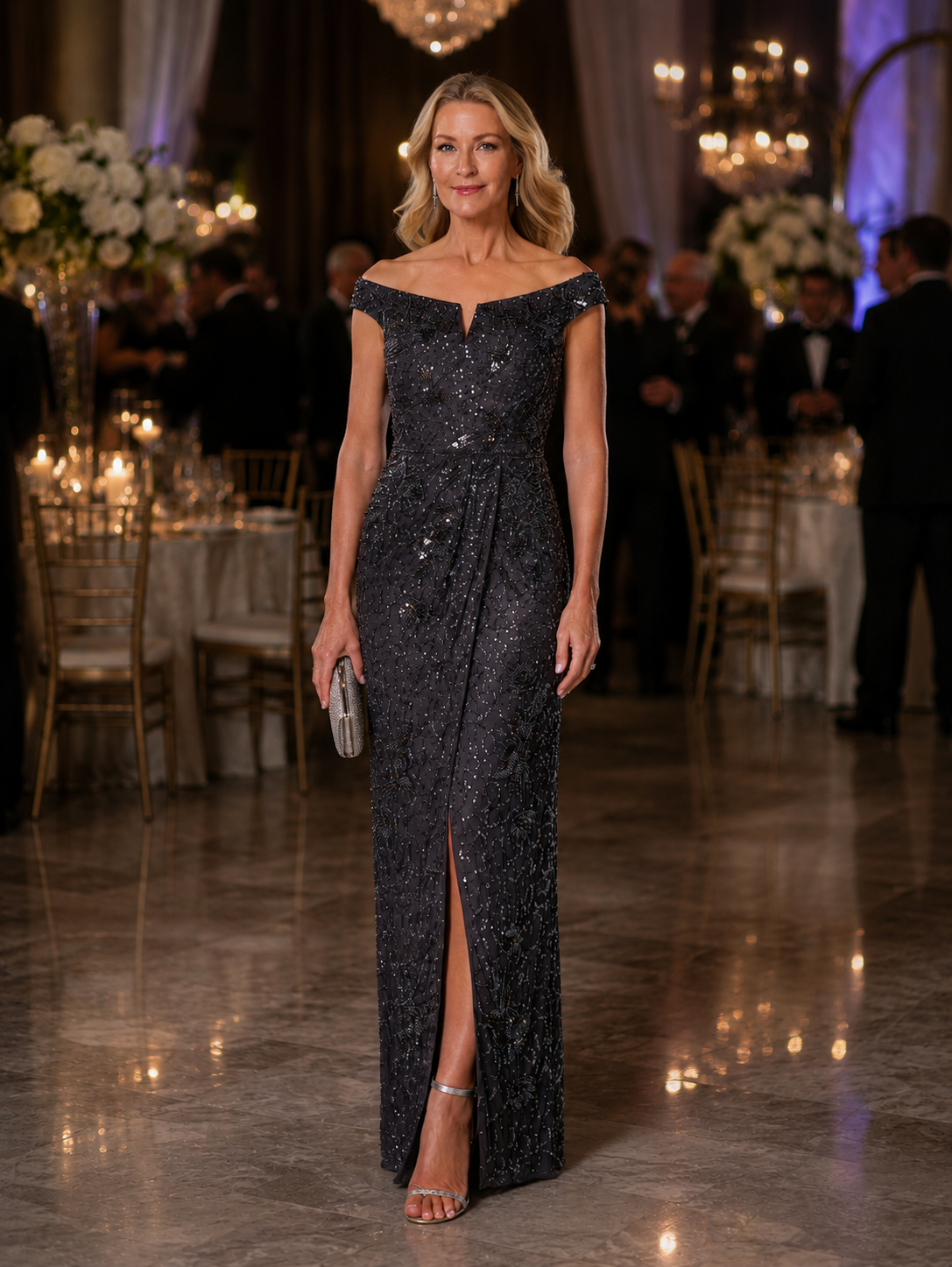 Adrianna Papell Off Shoulder Beaded Gown in Gunmetal – Boutique Mon Ami
