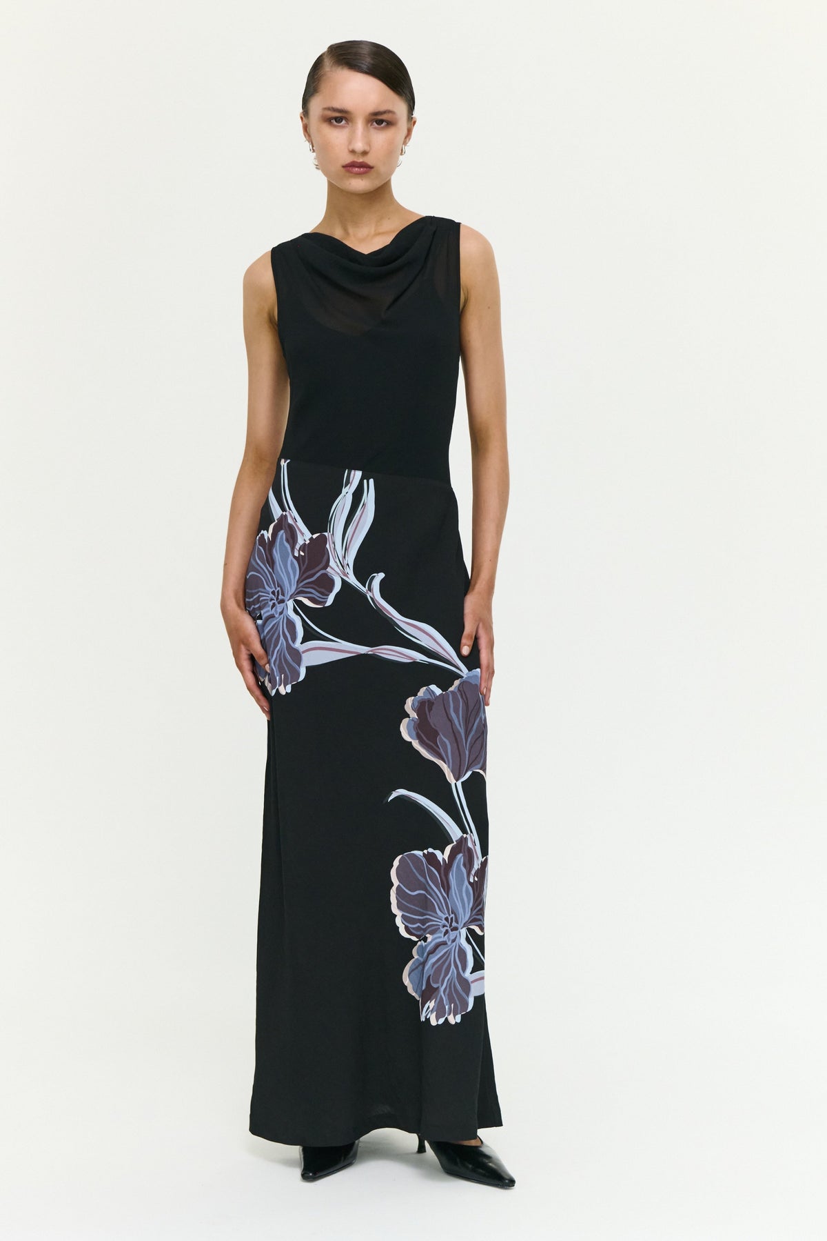 Staple The Label STAS Bias Combo Midi Dress in Black Midnight Floral