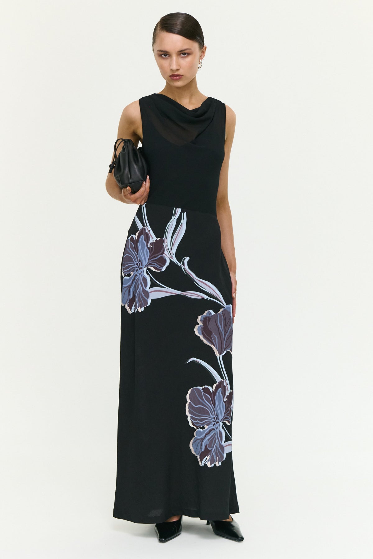 Staple The Label STAS Bias Combo Midi Dress in Black Midnight Floral