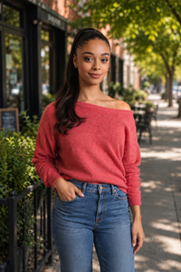 Two-T's Off Shoulder Fluffy Knit in Raspberry