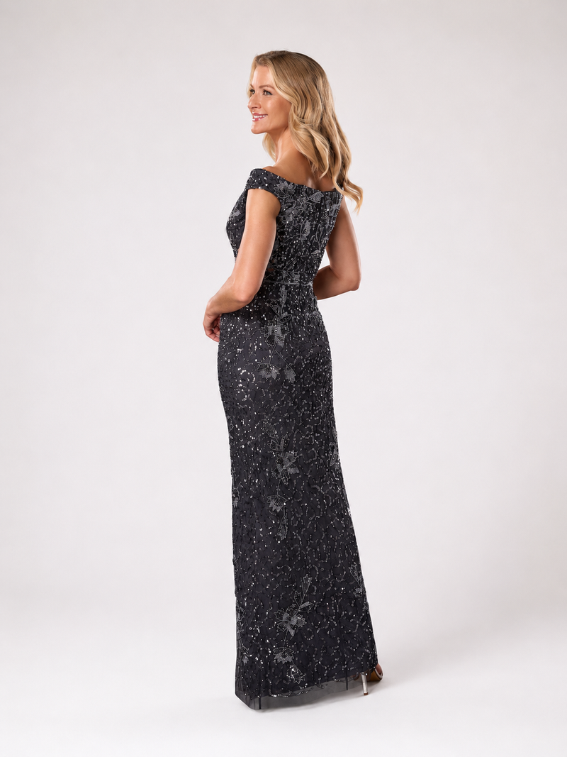Adrianna Papell Off Shoulder Beaded Gown in Gunmetal