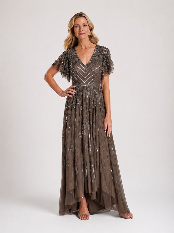 Adrianna Papell 3D Beaded Gown in Lead