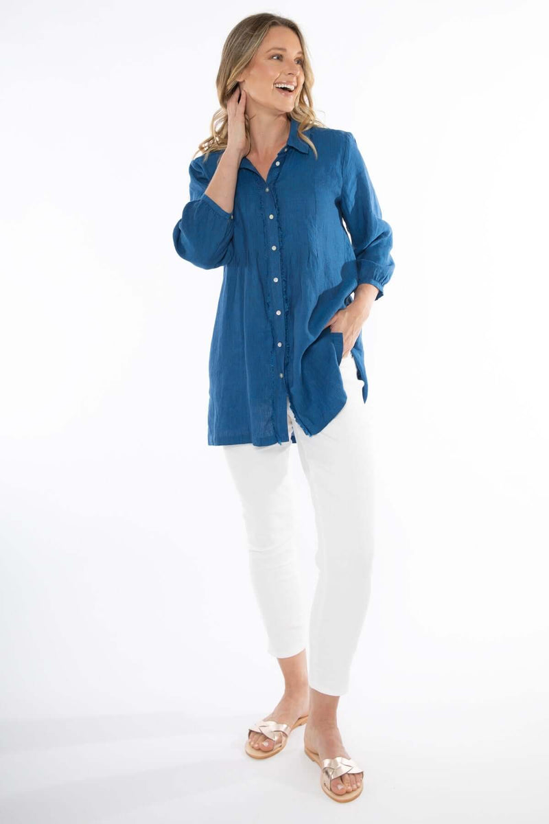 Jump Frayed Tunic Shirt in Sapphire