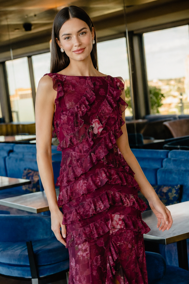 Elliatt ELEANORA Ruffle Gown in Raspberry Floral