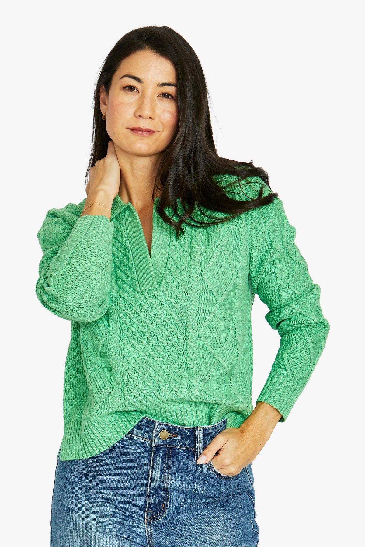 Jump Collar Pattern Pullover in Green Tea Marle