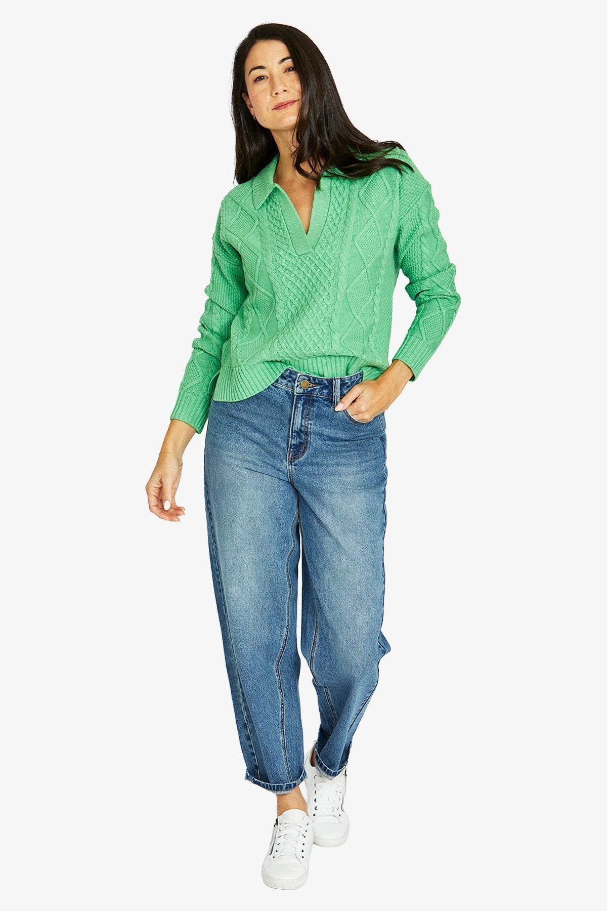 Jump Collar Pattern Pullover in Green Tea Marle