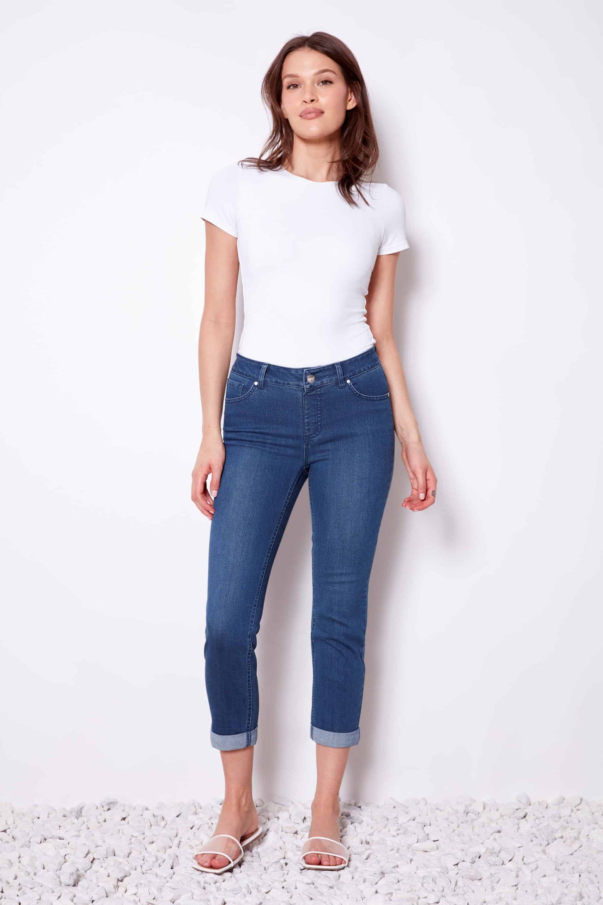 UP! Denim Tummy Control Crop Pant in Medium Blue 68421UP
