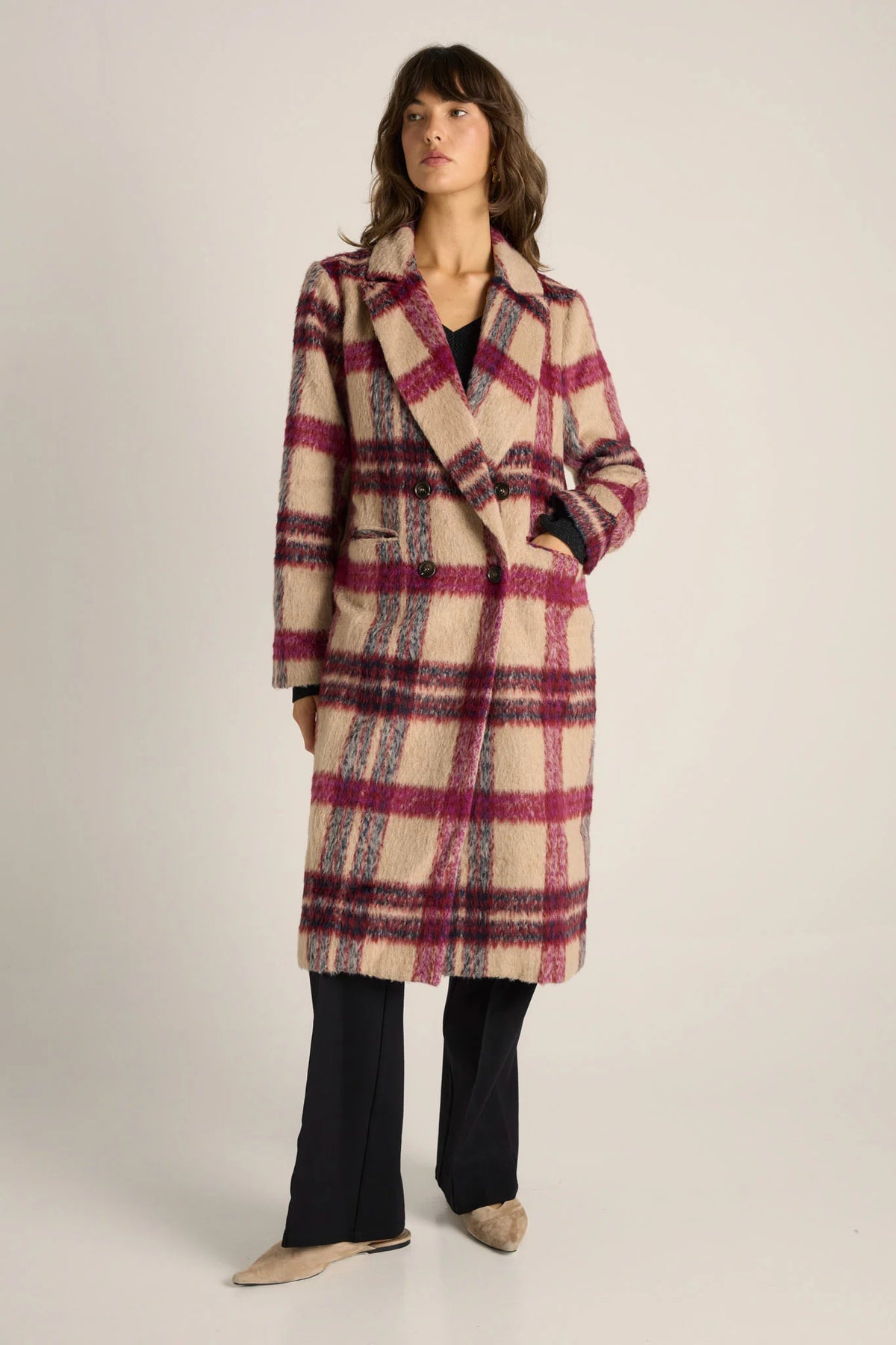 Fate + Becker Harlow Check Longline Coat in Pink