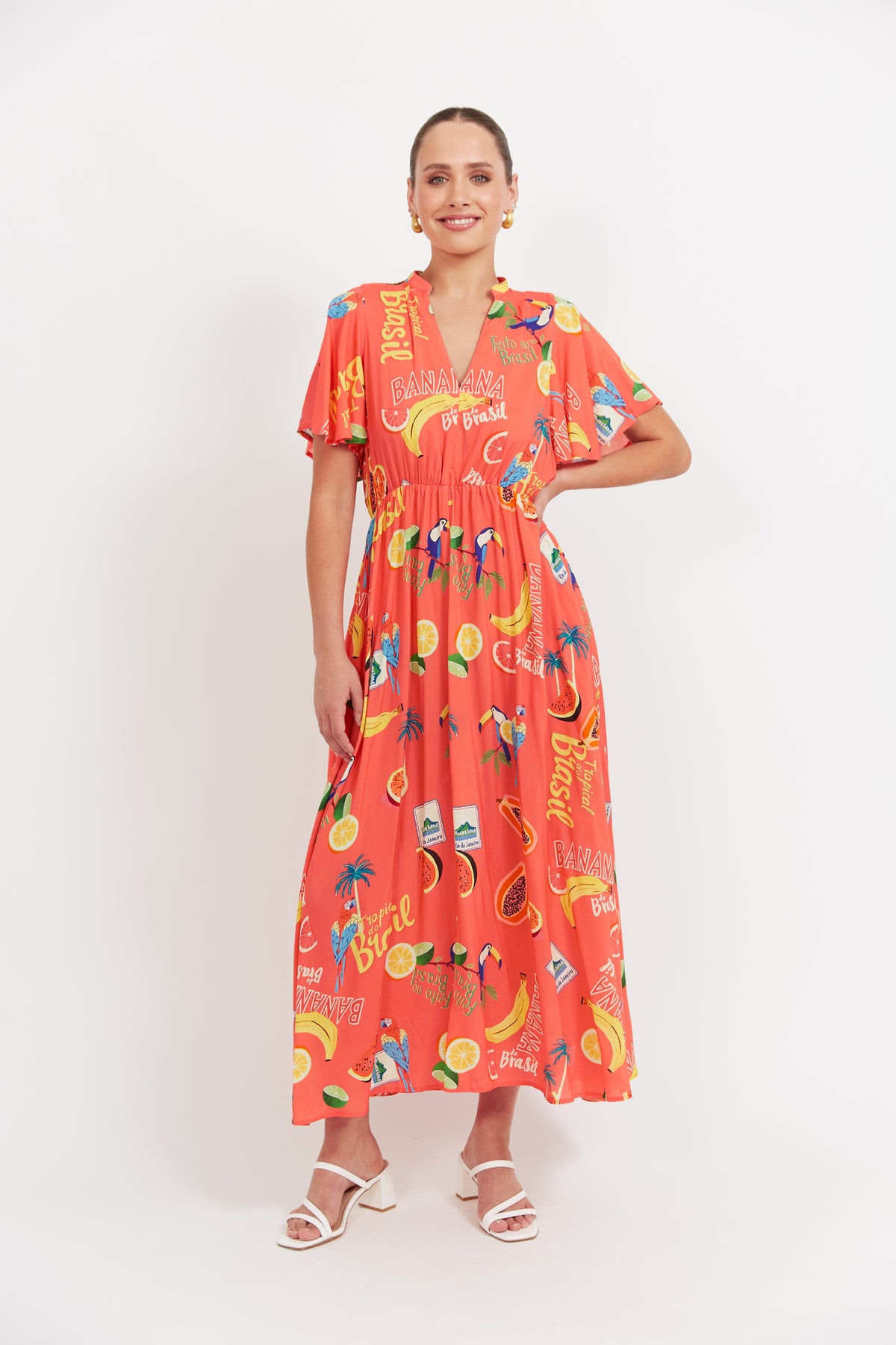 Haven Cabana V Neck Maxi Dress in Brasil Coral