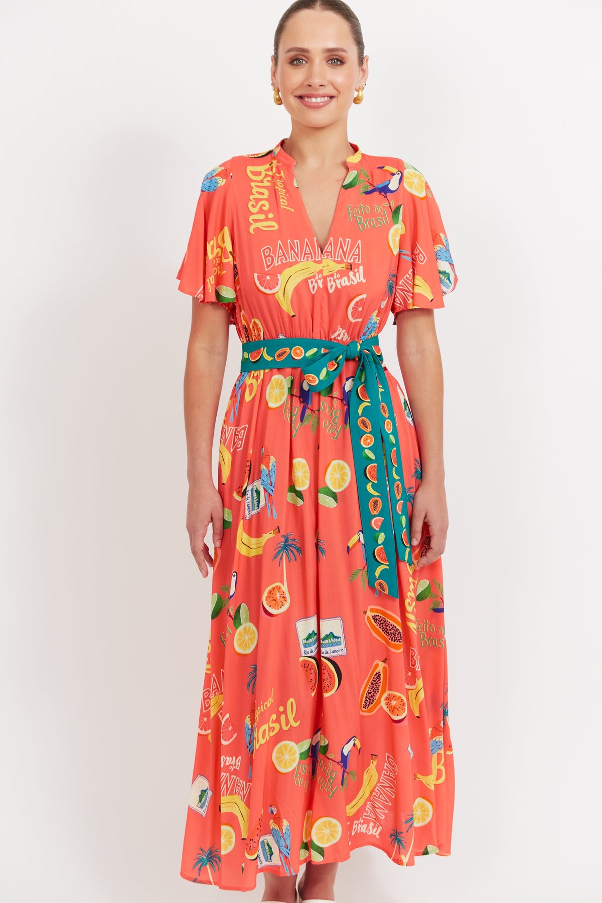 Haven Cabana V Neck Maxi Dress in Brasil Coral