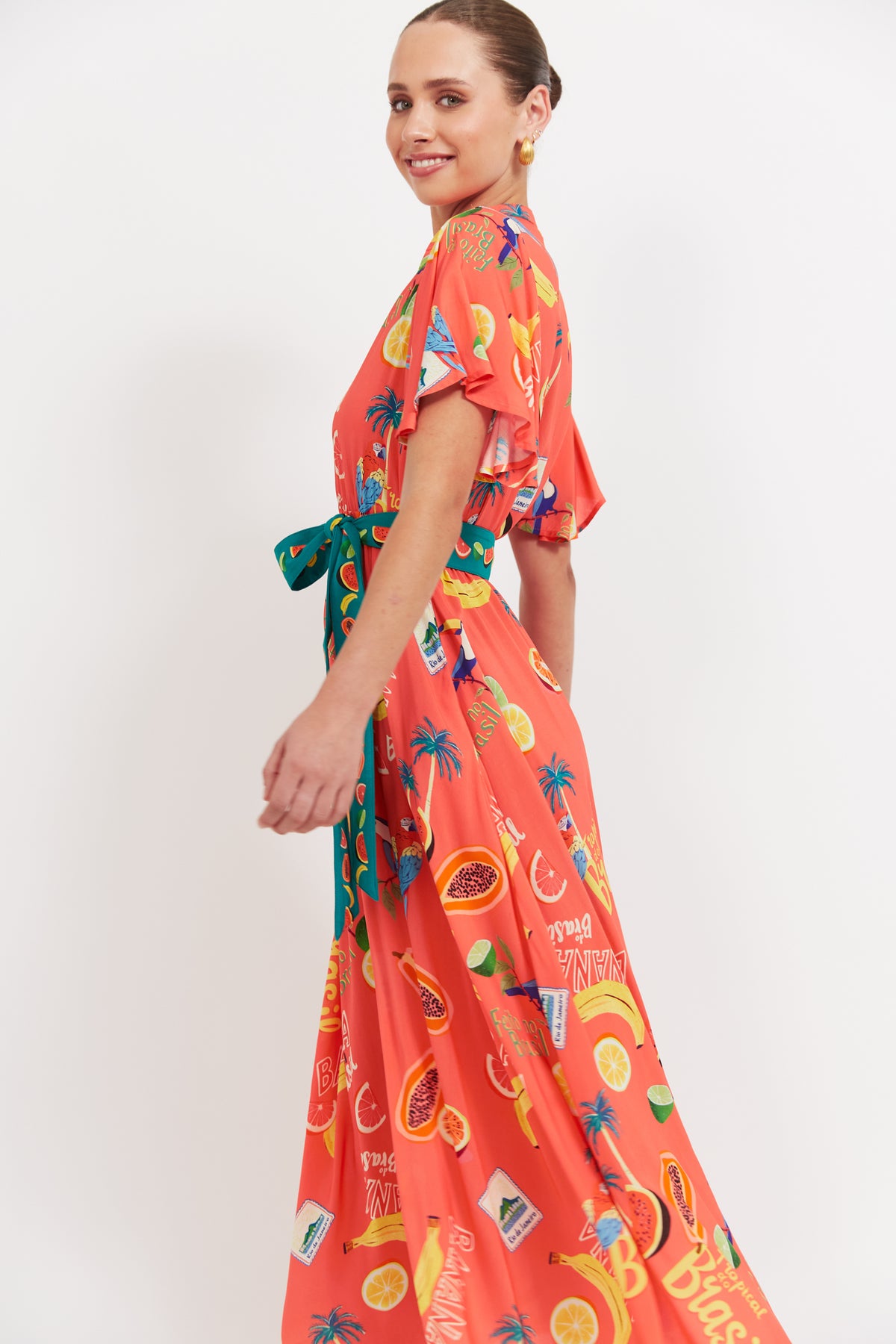 Haven Cabana V Neck Maxi Dress in Brasil Coral
