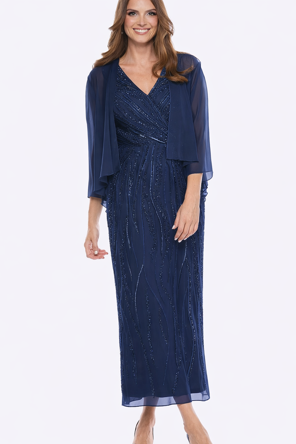 Jesse Harper Beaded Gown & Chiffon Bolero in Midnight JH0590