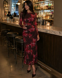 Staple The Label AMYRA Mesh Midi Dress in Bordeaux Garden