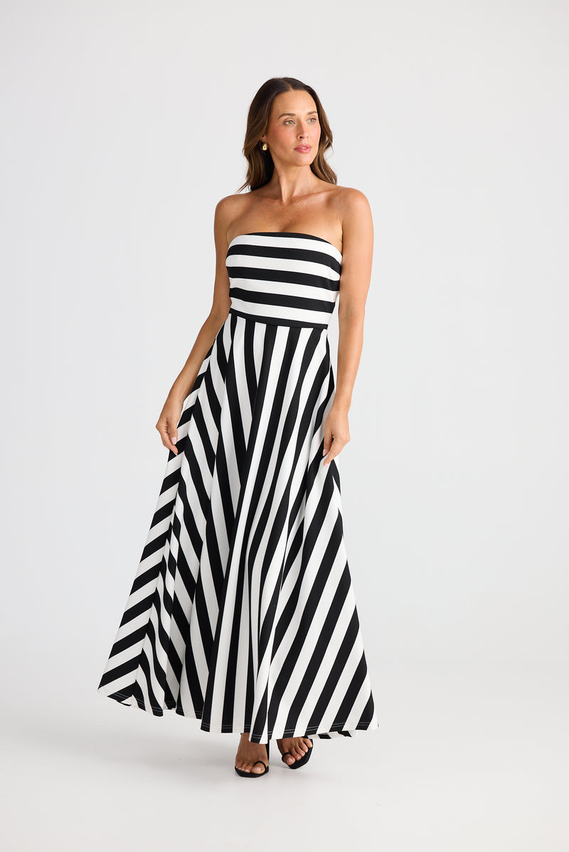 black white striped strapless dress Brave + True Thandie Strapless Dress in Black Wide Stripe