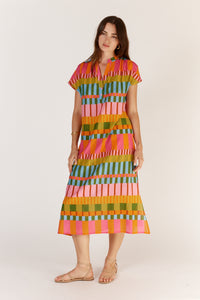 Itami Cannes Capped Sleeve Dress in Multi Stripe
