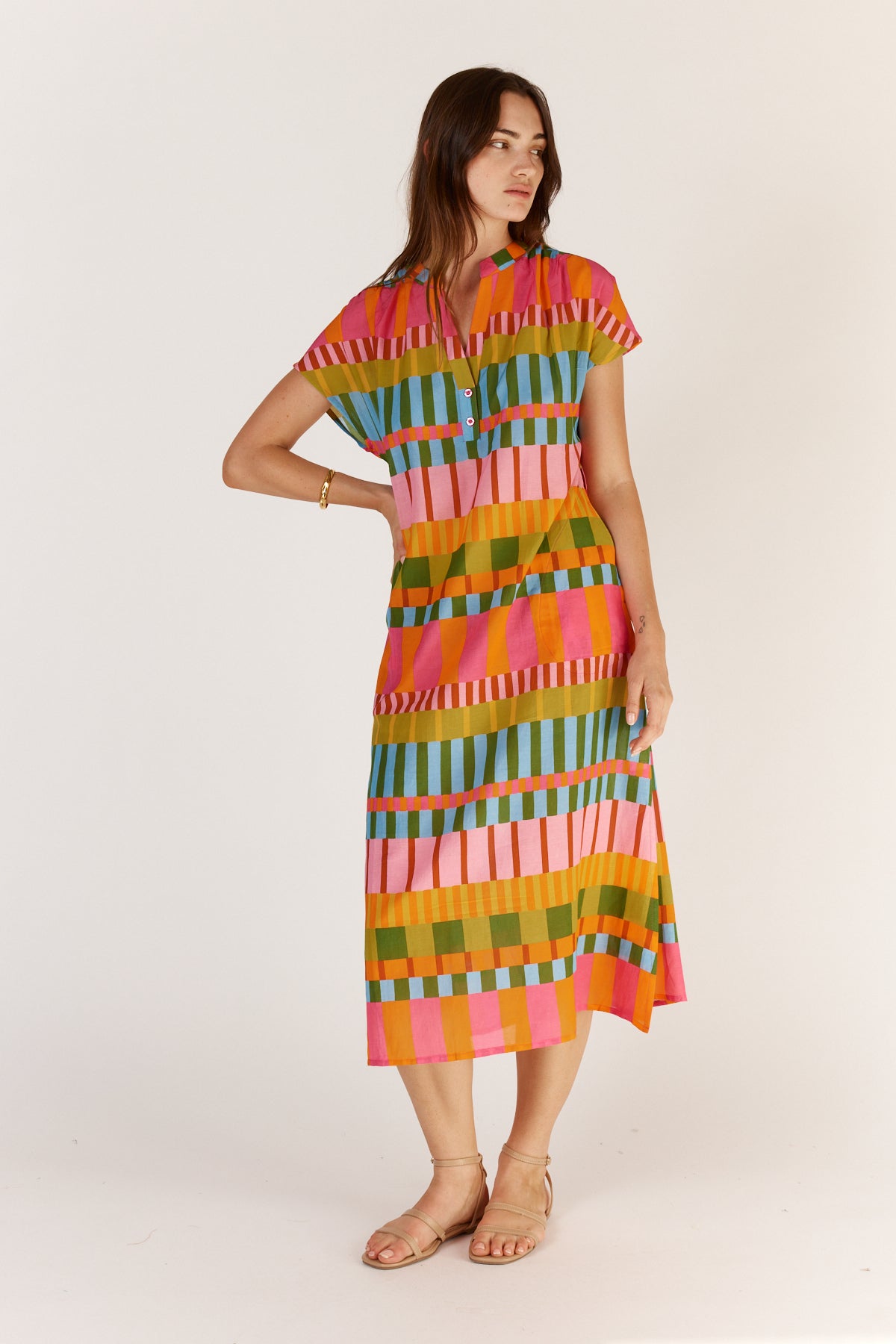 Itami Cannes Capped Sleeve Dress in Multi Stripe