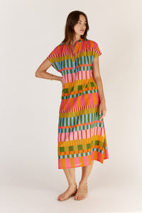 Itami Cannes Capped Sleeve Dress in Multi Stripe