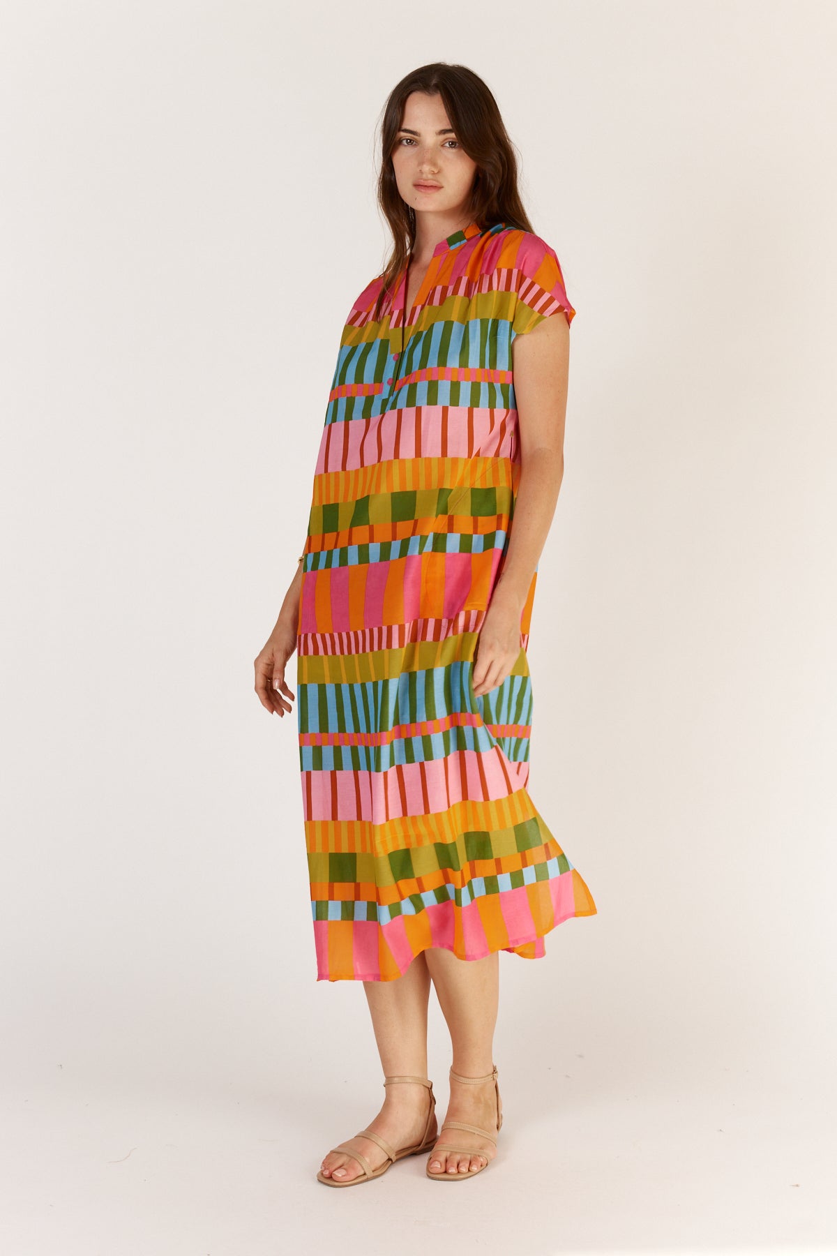 Itami Cannes Capped Sleeve Dress in Multi Stripe