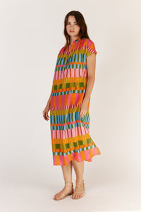 Itami Cannes Capped Sleeve Dress in Multi Stripe