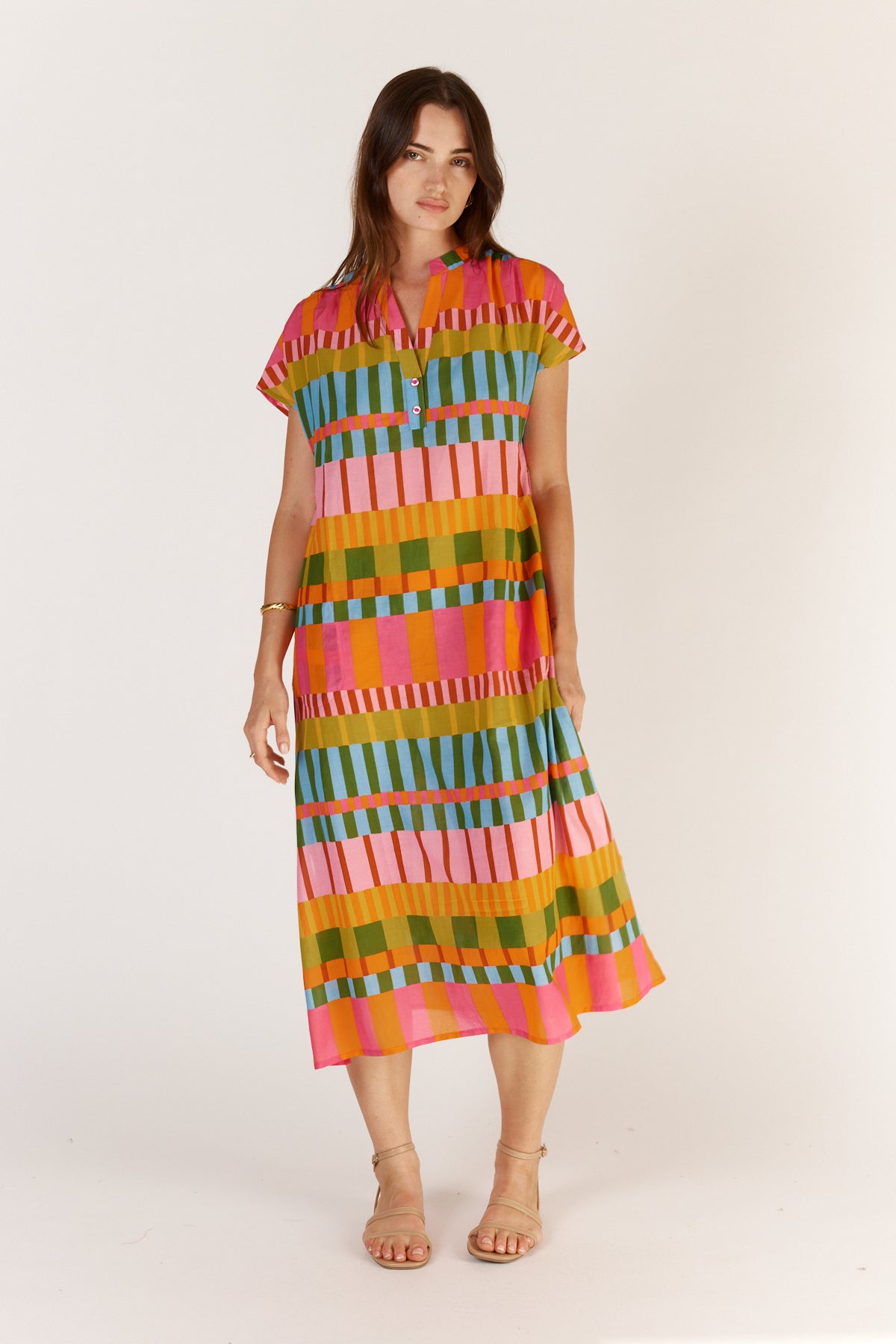 Itami Cannes Capped Sleeve Dress in Multi Stripe
