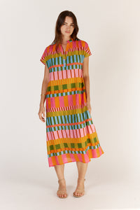 Itami Cannes Capped Sleeve Dress in Multi Stripe