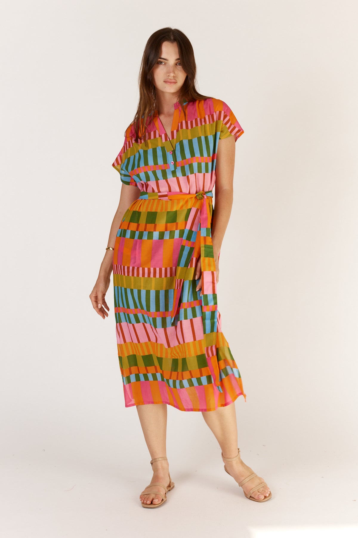 Itami Cannes Capped Sleeve Dress in Multi Stripe
