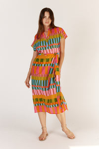 Itami Cannes Capped Sleeve Dress in Multi Stripe
