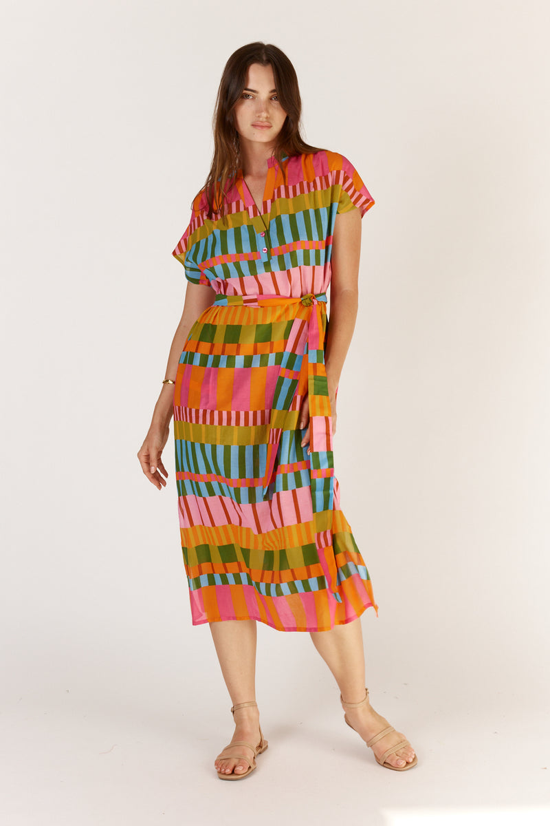 Itami Cannes Capped Sleeve Dress in Multi Stripe