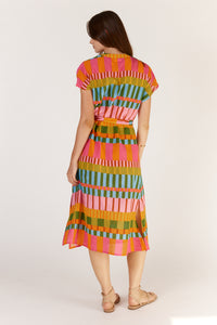 Itami Cannes Capped Sleeve Dress in Multi Stripe