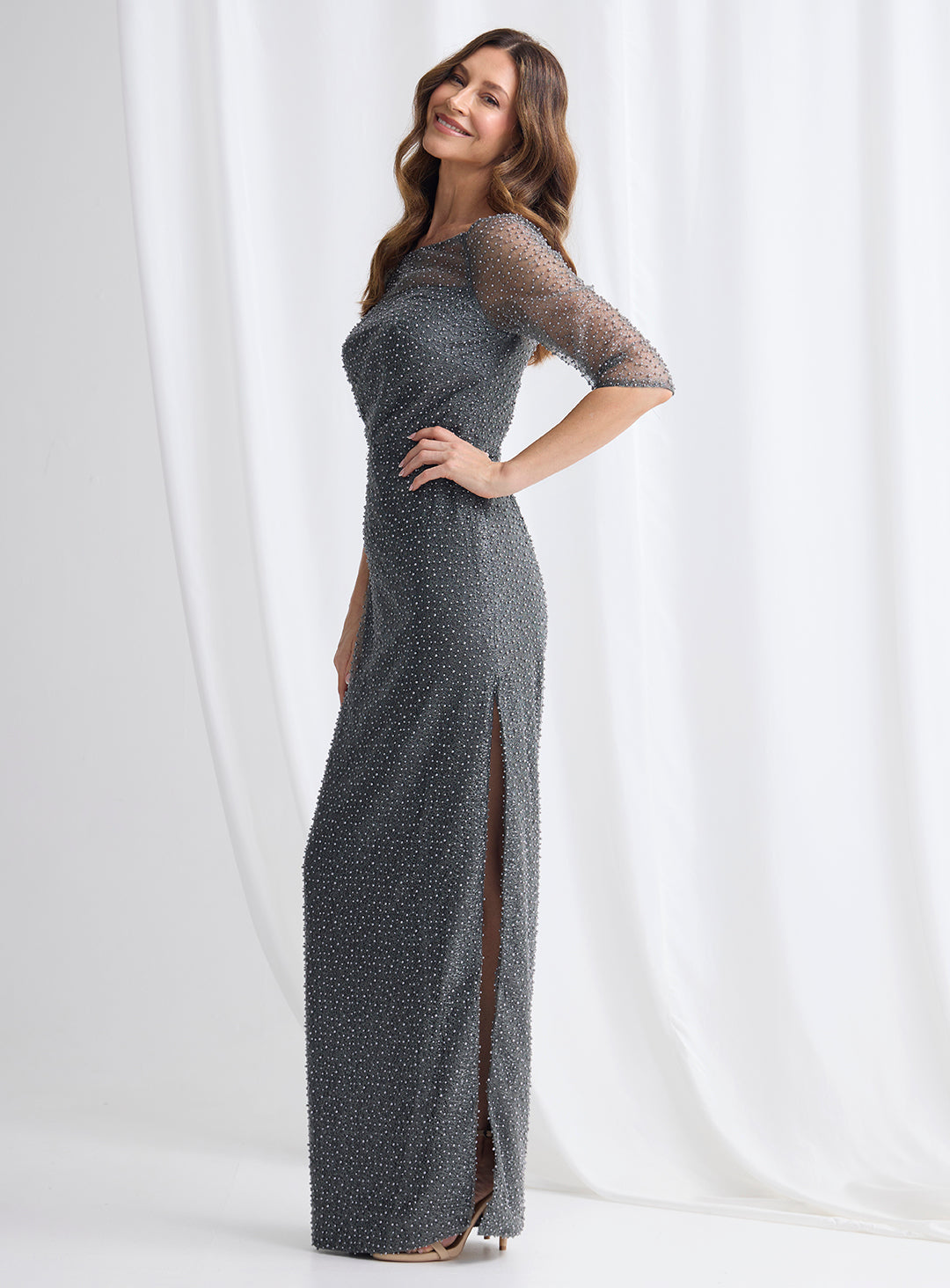 Trellis Lane CECE Pearl Pencil Gown in Charcoal