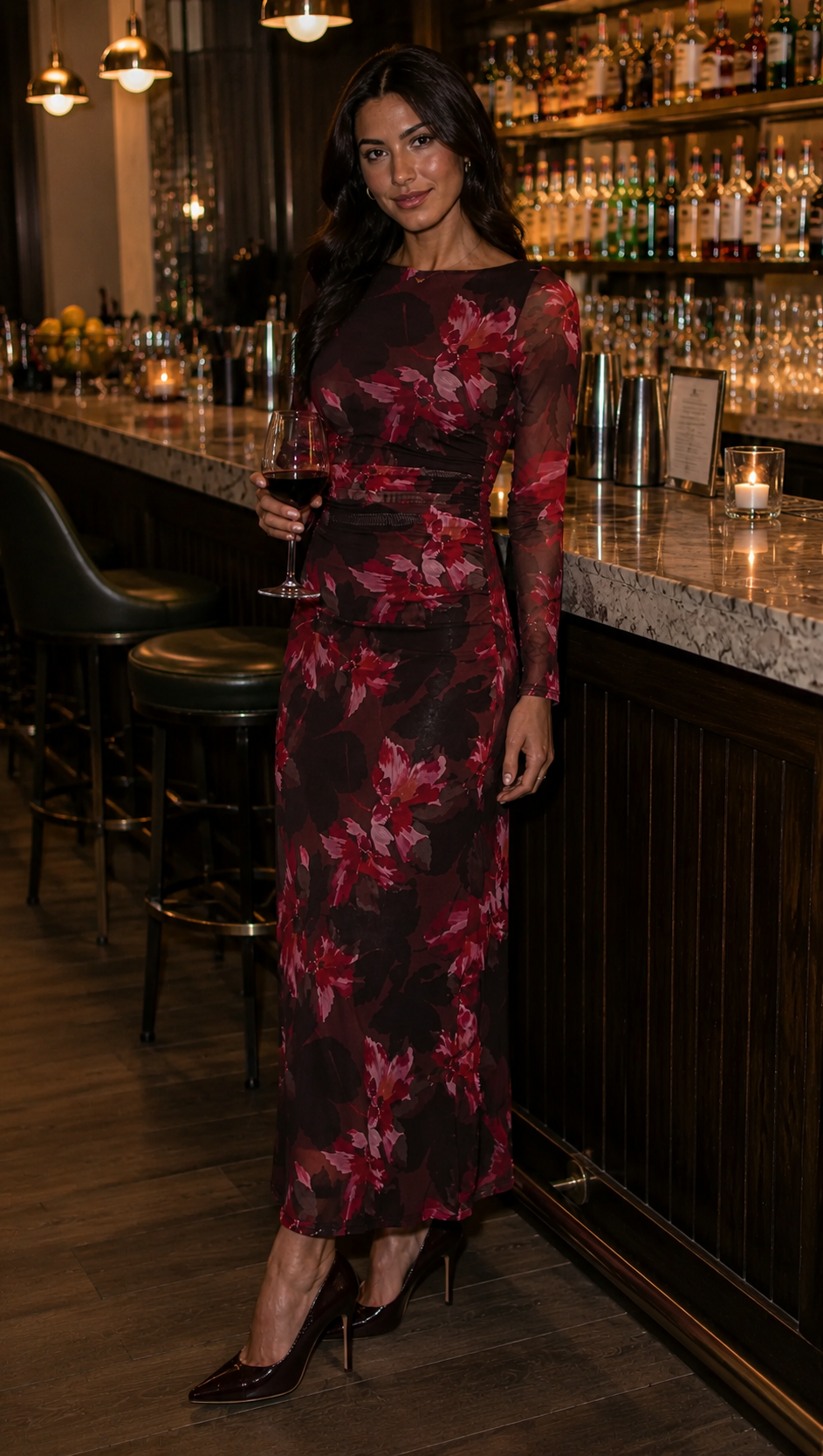 Staple The Label AMYRA Mesh Midi Dress in Bordeaux Garden
