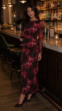Staple The Label AMYRA Mesh Midi Dress in Bordeaux Garden