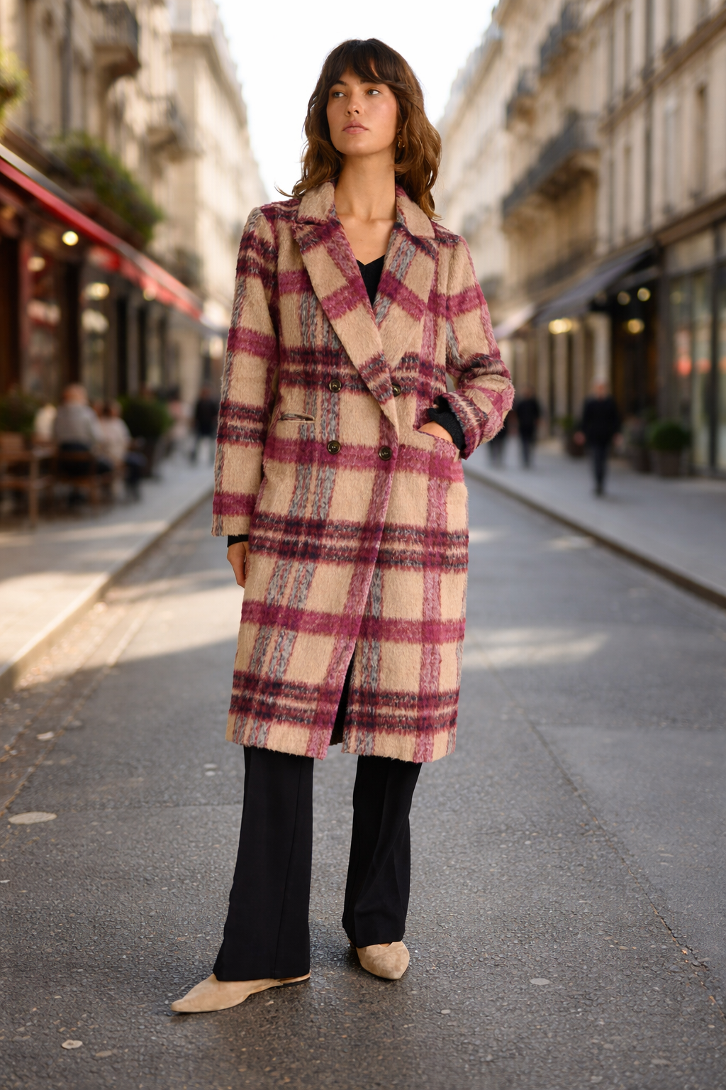 Fate + Becker Harlow Check Longline Coat in Pink