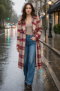 Fate + Becker Harlow Check Longline Coat in Pink
