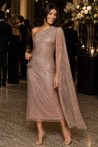 Zaliea One Shoulder Beaded Dress in Tea Rose Z0297
