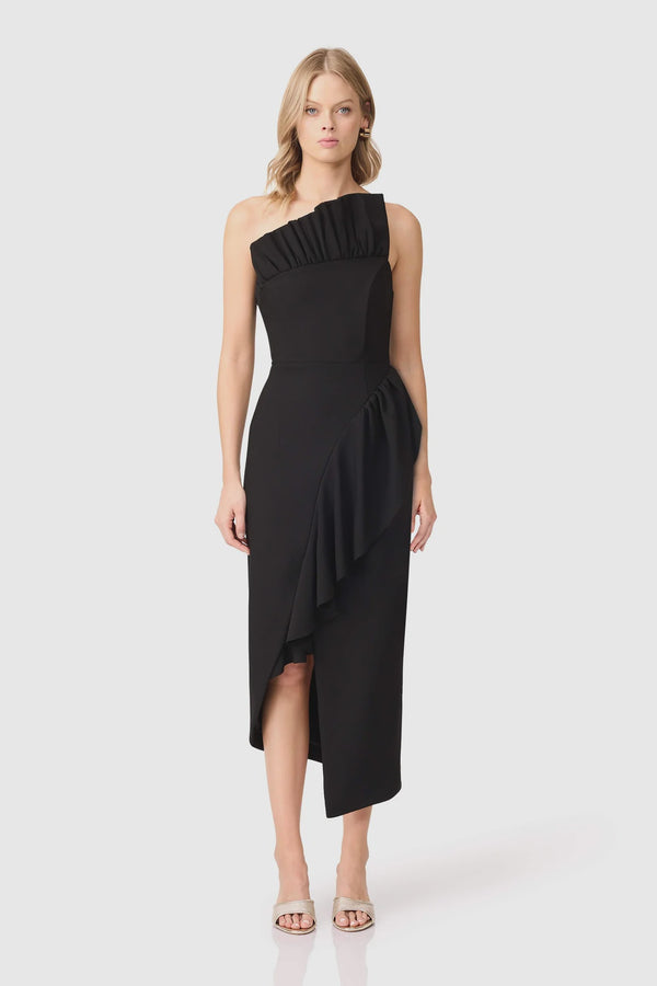 Elliatt Ava Asymmetrical Midi Dress in Black