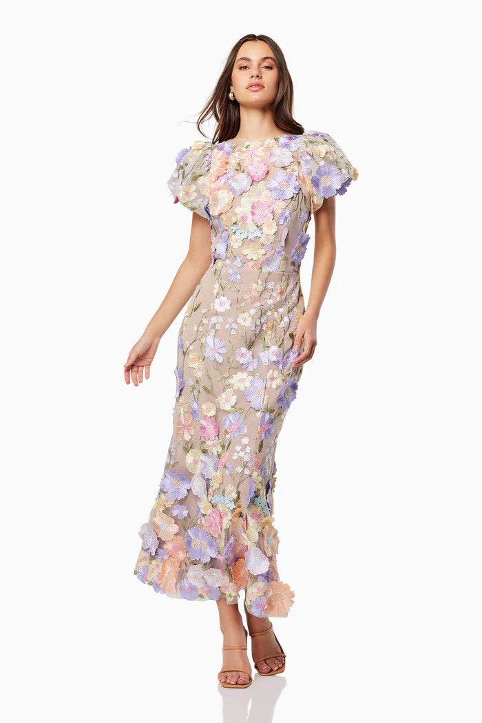 Elliatt Astraea Maxi Dress in Purple 3D Lace Floral