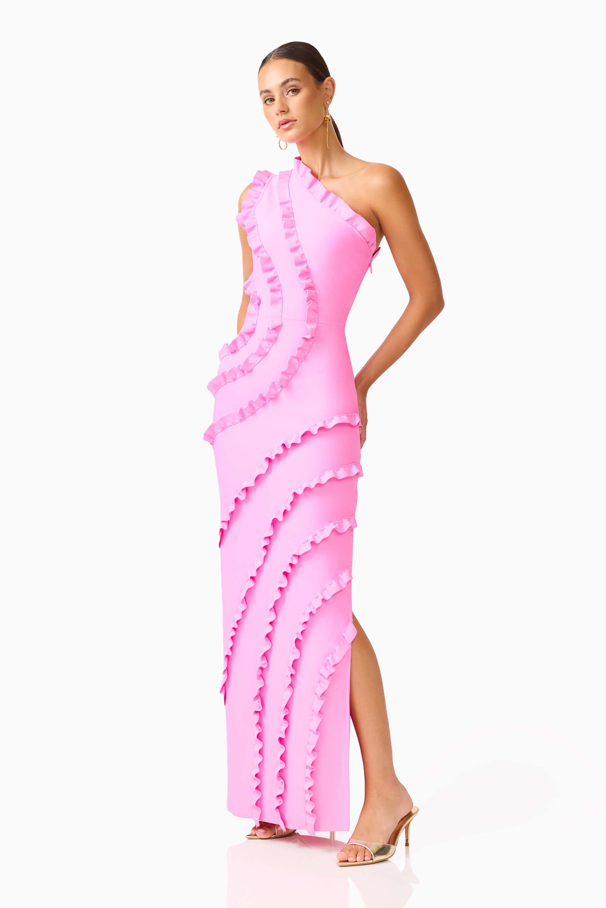 Elliatt ORELIA Asymmetrical Ruffle Gown in Candy Pink