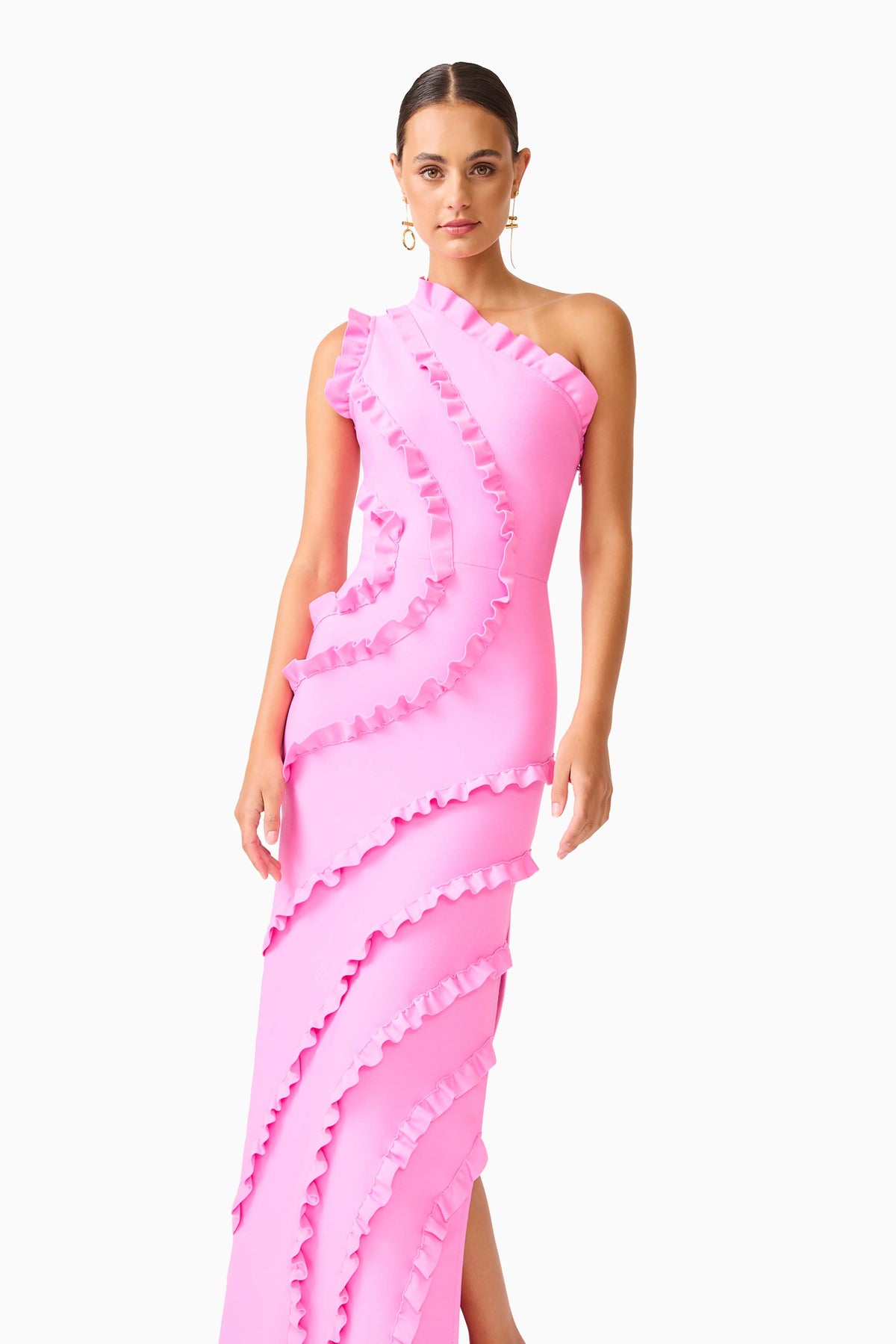 Elliatt ORELIA Asymmetrical Ruffle Gown in Candy Pink