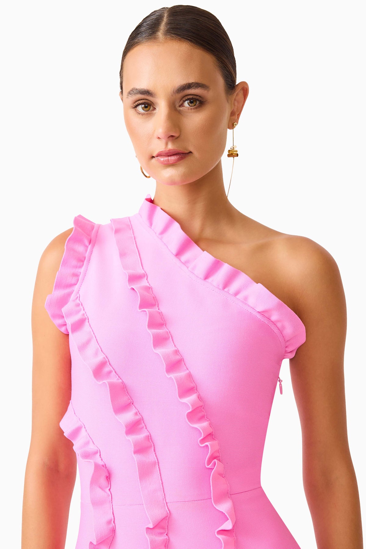 Elliatt ORELIA Asymmetrical Ruffle Gown in Candy Pink