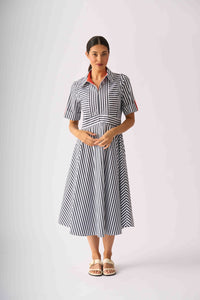 Foil ON POINT Dress in Navy Tangelo Stripe