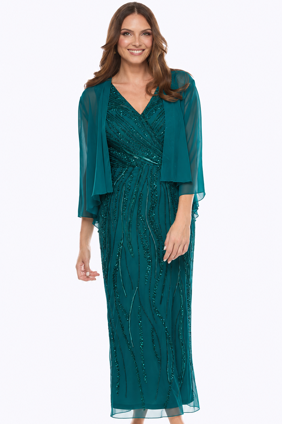 Jesse Harper Beaded Gown & Chiffon Bolero in Emerald JH0590