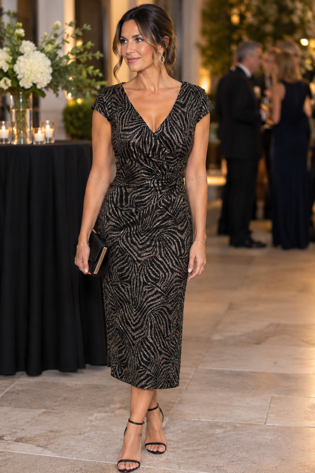 Jesse Harper Shimmer Draped Dress in Black Gold JH0633